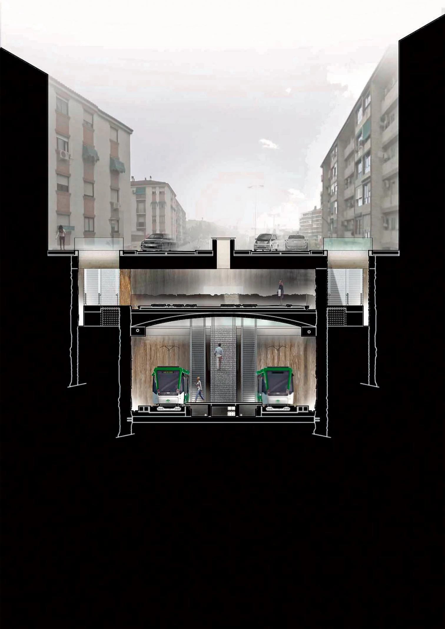 Estación Alcázar del Genil: vista frontal del núcleo de comunicación