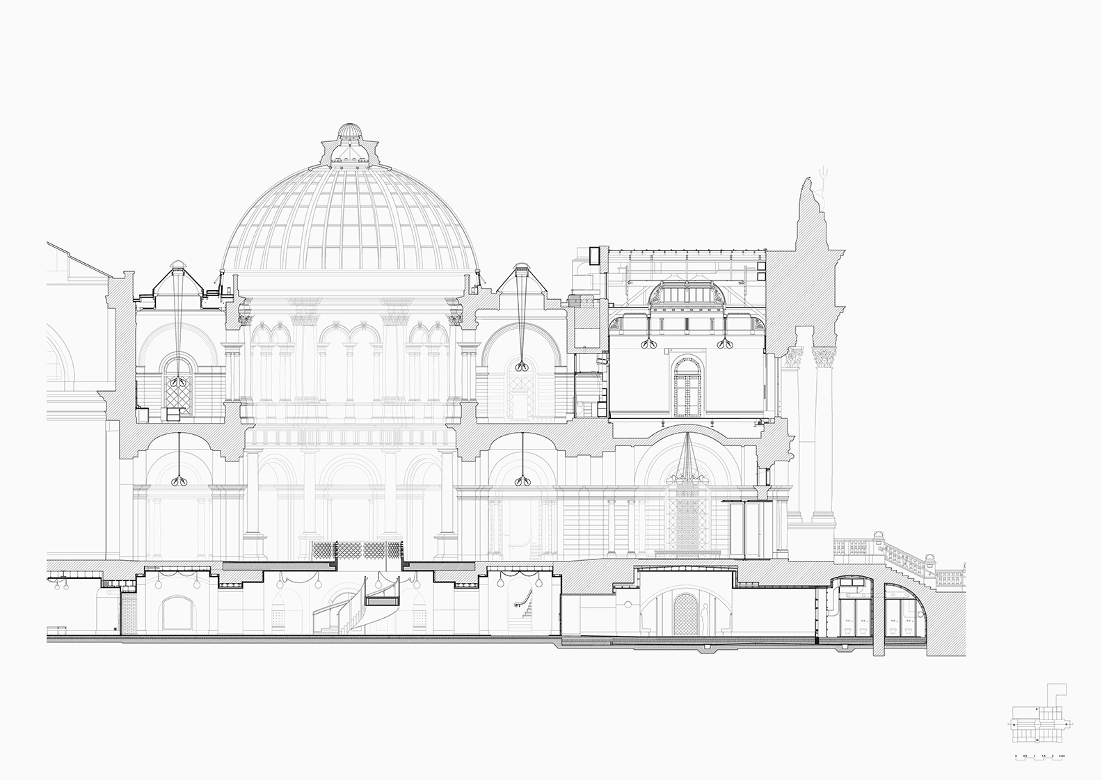 Sección transversal de galerías Tate Britain – sección transversal de galerías con lucernarios