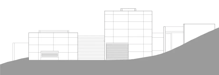 Sección y alzado de la Casa Koshino mostrando franja de luz cenital