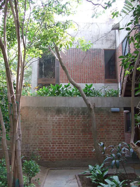Villa Sarabhai – muro y trepadoras Muro de ladrillo y vegetación trepadora en patio