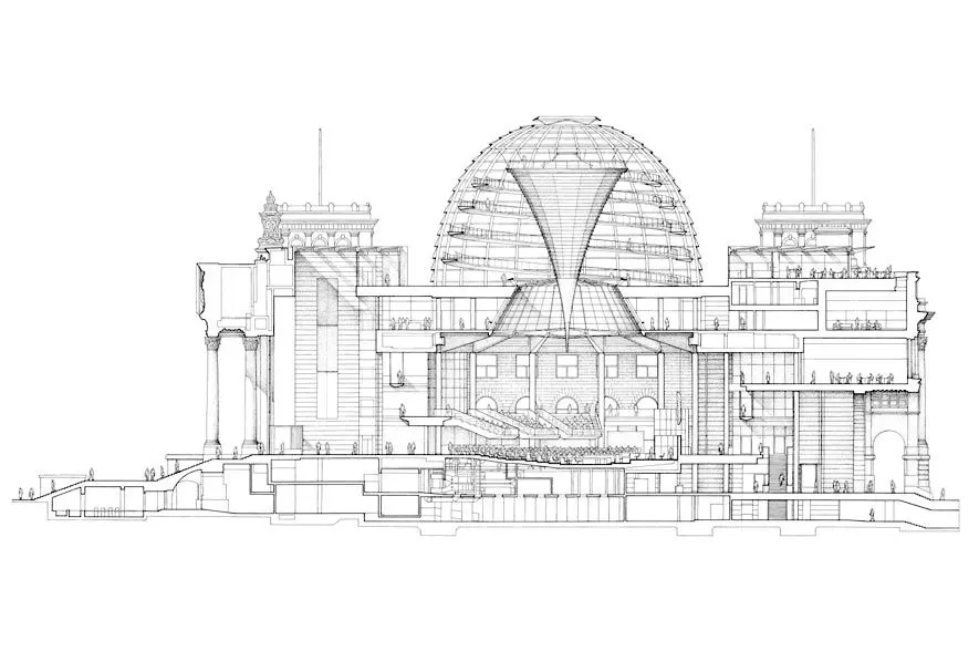 Reichstag – Sección con cúpula Sección del Reichstag mostrando la cúpula y el recorrido de visitantes